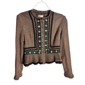 Vintage Y2K Nanette Lepore brown herringbone tweed floral embroidered jacket
